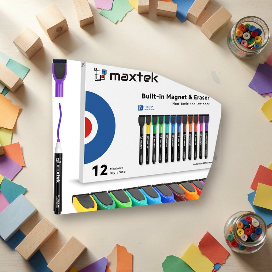 Fine-tip dry erase markers with eraser caps