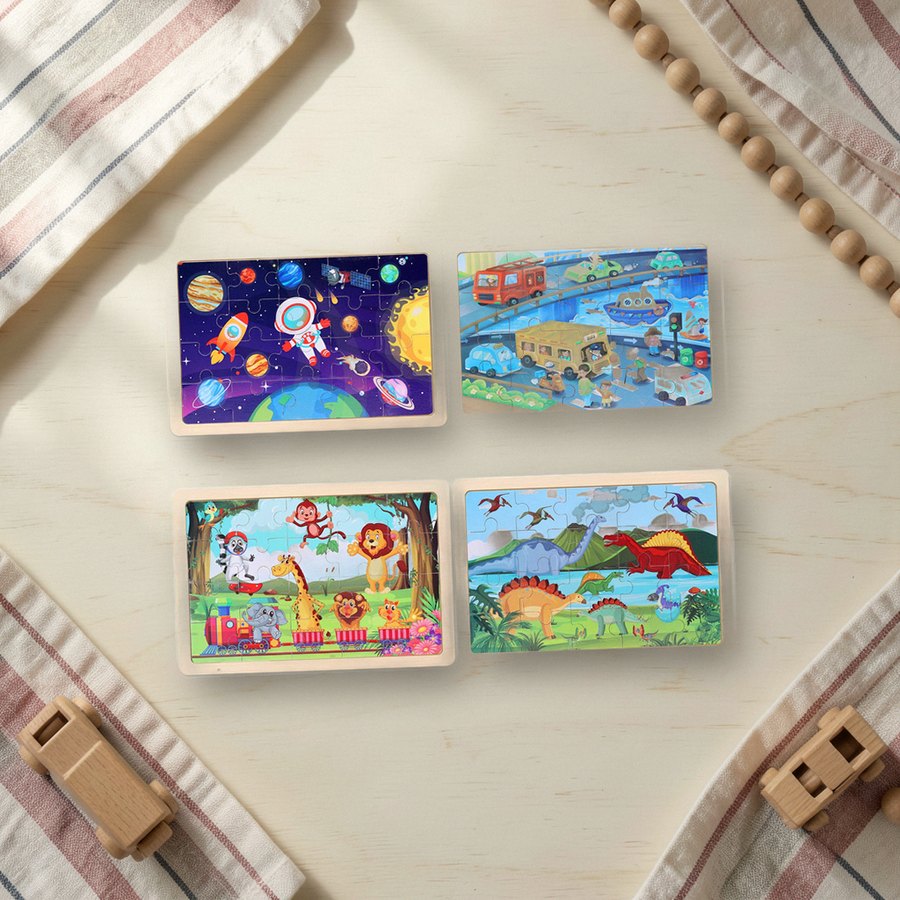 Wooden jigsaw puzzles for ages 3-5, 4 pack